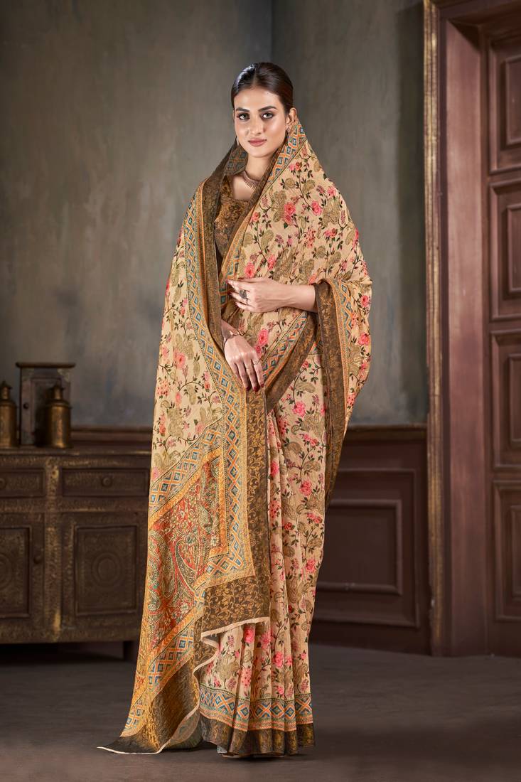 Premium Natural Silk With Jacquard Zari Pure Digital Placement Prints Saree