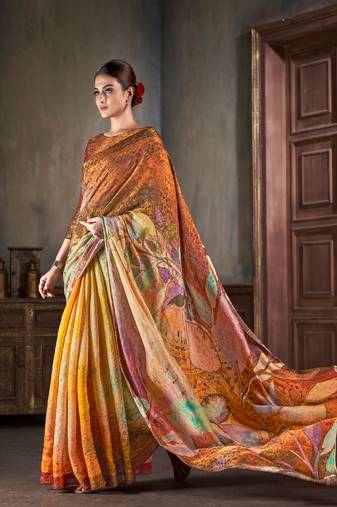 Premium Natural Silk With Jacquard Zari Pure Digital Placement Prints Saree