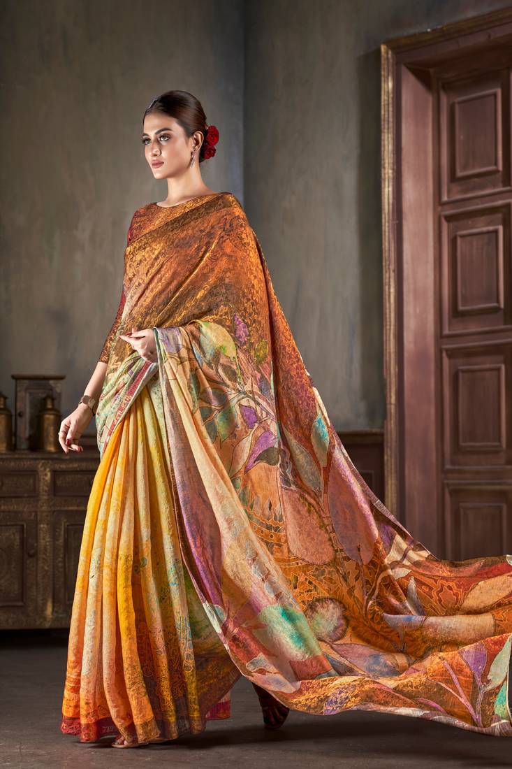 Premium Natural Silk With Jacquard Zari Pure Digital Placement Prints Saree
