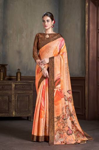 Premium Natural Silk With Jacquard Zari Pure Digital Placement Prints Saree