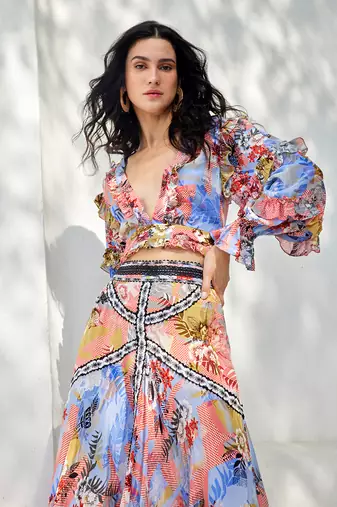 Taylor salmon pink & cornflower blue embroidered crop top