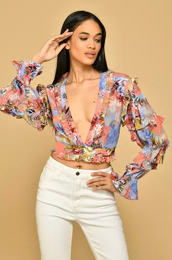 Taylor salmon pink & cornflower blue embroidered crop top