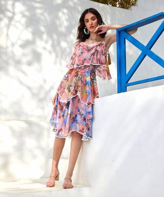 Zoella salmon pink & cornflower blue midi dress 2