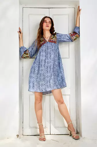 Celeste blue linne embroidered tunic dress