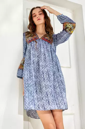 Celeste blue linne embroidered tunic dress