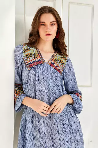 Celeste blue linne embroidered tunic dress