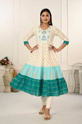 Premium cotton hand print light embroidery work kurti 1