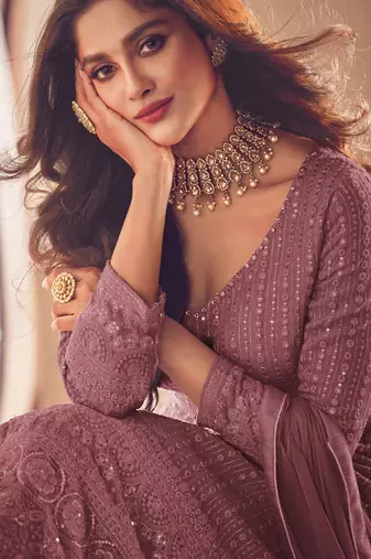Dark Rose Gold Georgette Sequins Embroidered Wedding Wear Skirt Kameez