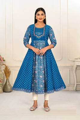 Premium cotton hand print light embroidery work kurtis 1