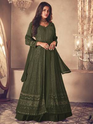Mehandi Green Georgette Sequins Embroidered Wedding Wear Skirt Kameez 1