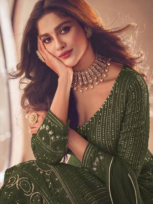 Mehandi Green Georgette Sequins Embroidered Wedding Wear Skirt Kameez 2