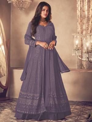 Purple Georgette Sequins Embroidered Wedding Wear Skirt Kameez  1