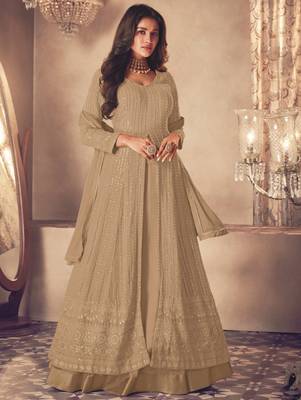 Beige Georgette Sequins Embroidered Wedding Wear Skirt Kameez 1