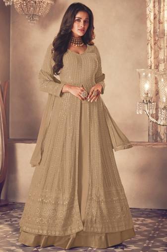 Beige Georgette Sequins Embroidered Wedding Wear Skirt Kameez