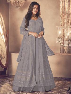 Grey Georgette Sequins Embroidered Wedding Wear Skirt Kameez 1