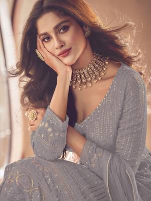 Grey Georgette Sequins Embroidered Wedding Wear Skirt Kameez 2