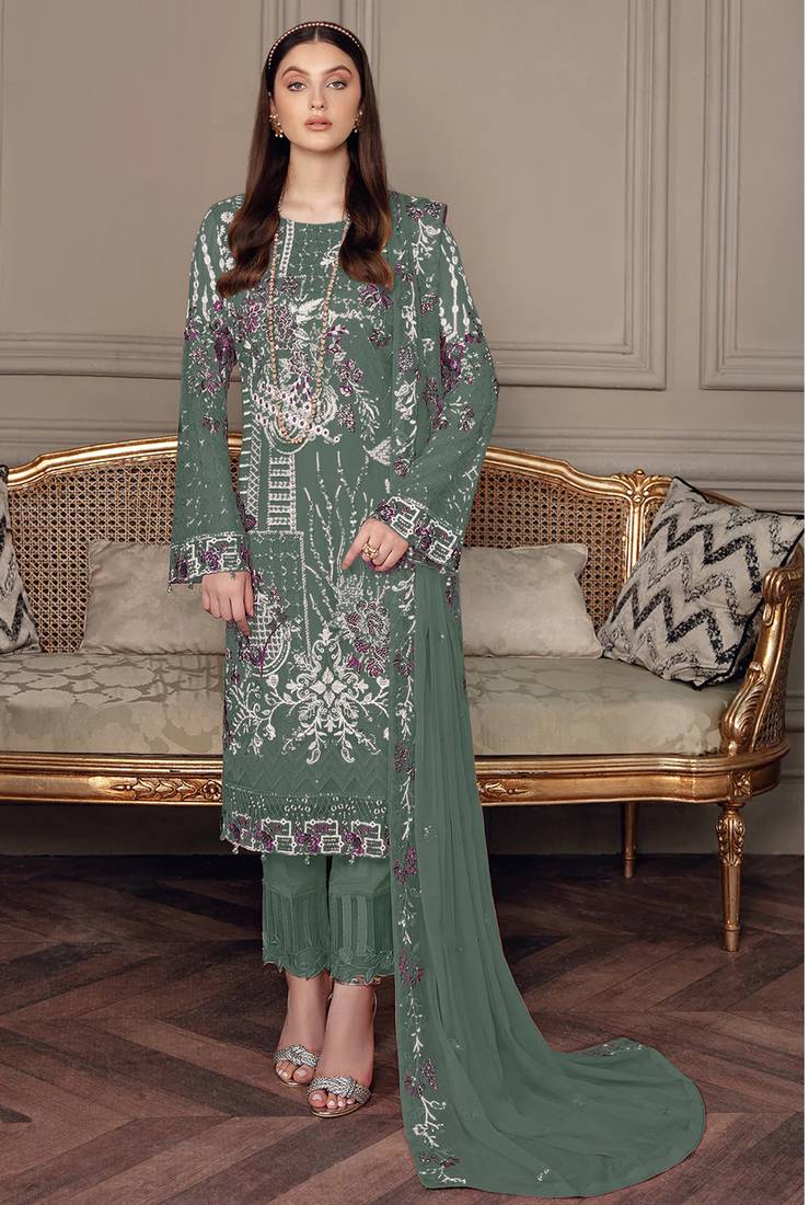 green emerald velvet dress Latest Fancy Pakistani Dress in Dark Green Shade #PF434 main image 1