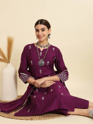 Wine Embroidered Work Slub Rayon Fabric Straight Kurta, Pant and Dupatta Set 1