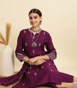 Wine Embroidered Work Slub Rayon Fabric Straight Kurta, Pant and Dupatta Set