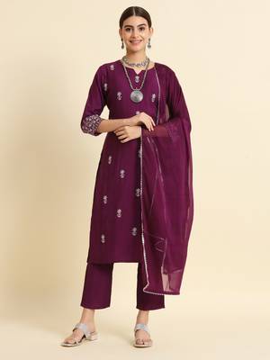Wine Embroidered Work Slub Rayon Fabric Straight Kurta, Pant and Dupatta Set 2
