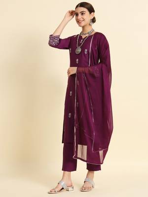 Wine Embroidered Work Slub Rayon Fabric Straight Kurta, Pant and Dupatta Set 3