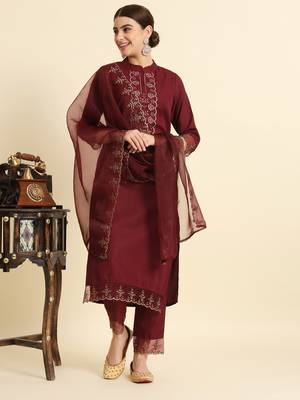 Viscose Rayon Fabric Round Neck Embroidered Kurta With Pant & Dupatta Set 1