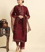 Viscose Rayon Fabric Round Neck Embroidered Kurta With Pant & Dupatta Set