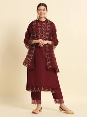 Viscose Rayon Fabric Round Neck Embroidered Kurta With Pant & Dupatta Set 2