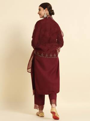 Viscose Rayon Fabric Round Neck Embroidered Kurta With Pant & Dupatta Set 3