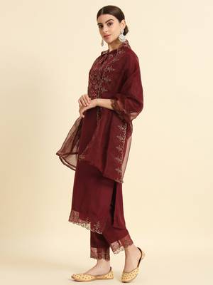 Viscose Rayon Fabric Round Neck Embroidered Kurta With Pant & Dupatta Set 5