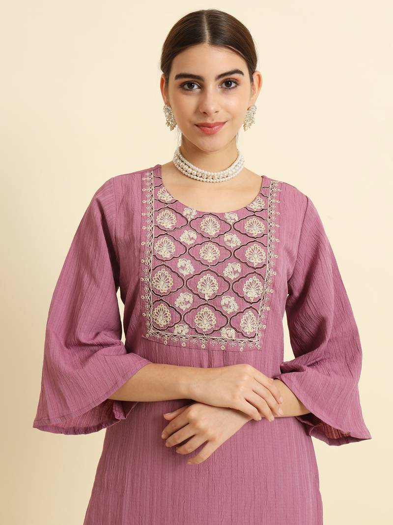 THE52 Purple Sequence Embroidered Silk Blend fabric Kurta Pant with