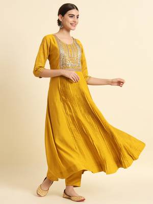 Mustard Yellow Sequence Embroidered Pure Chanderi Silk Anarkali Flare Kurta With Pant & Dupatta Set 2