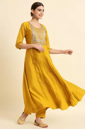 Mustard Yellow Sequence Embroidered Pure Chanderi Silk Anarkali Flare Kurta With Pant & Dupatta Set