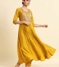 Mustard Yellow Sequence Embroidered Pure Chanderi Silk Anarkali Flare Kurta With Pant & Dupatta Set