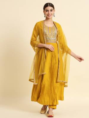 Mustard Yellow Sequence Embroidered Pure Chanderi Silk Anarkali Flare Kurta With Pant & Dupatta Set 3