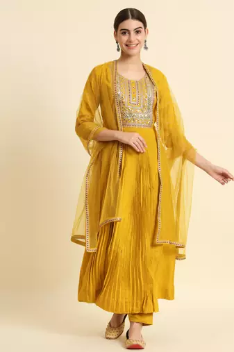 Mustard Yellow Sequence Embroidered Pure Chanderi Silk Anarkali Flare Kurta With Pant & Dupatta Set