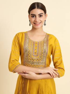 Mustard Yellow Sequence Embroidered Pure Chanderi Silk Anarkali Flare Kurta With Pant & Dupatta Set 4