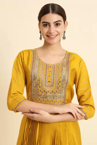 Mustard Yellow Sequence Embroidered Pure Chanderi Silk Anarkali Flare Kurta With Pant & Dupatta Set