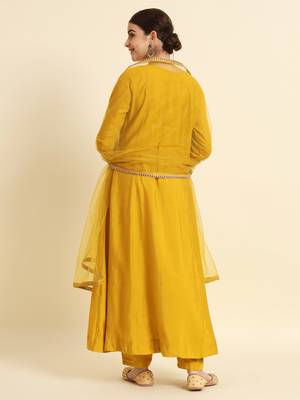Mustard Yellow Sequence Embroidered Pure Chanderi Silk Anarkali Flare Kurta With Pant & Dupatta Set 5