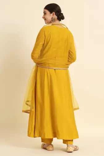 Mustard Yellow Sequence Embroidered Pure Chanderi Silk Anarkali Flare Kurta With Pant & Dupatta Set