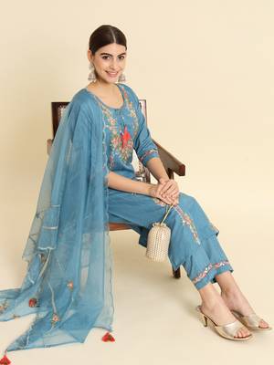 Sky Blue Sequence Embroidered Viscose Rayon Kurta, Pant and Dupatta Set 1