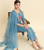 Sky Blue Sequence Embroidered Viscose Rayon Kurta, Pant and Dupatta Set