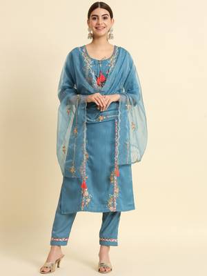 Sky Blue Sequence Embroidered Viscose Rayon Kurta, Pant and Dupatta Set 2