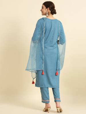 Sky Blue Sequence Embroidered Viscose Rayon Kurta, Pant and Dupatta Set 3