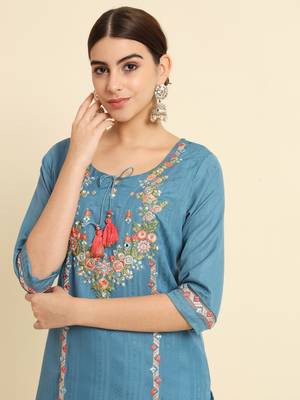 Sky Blue Sequence Embroidered Viscose Rayon Kurta, Pant and Dupatta Set 4