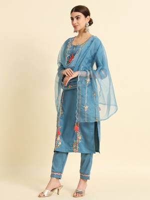 Sky Blue Sequence Embroidered Viscose Rayon Kurta, Pant and Dupatta Set 5