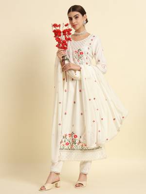 Off White Sequence Multi-Color Embroidered Viscose Rayon Blend fabric Kurta Pant with Dupatta Set 1