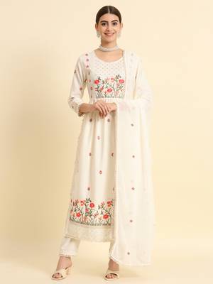 Off White Sequence Multi-Color Embroidered Viscose Rayon Blend fabric Kurta Pant with Dupatta Set 2