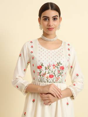 Off White Sequence Multi-Color Embroidered Viscose Rayon Blend fabric Kurta Pant with Dupatta Set 3