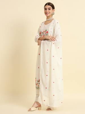 Off White Sequence Multi-Color Embroidered Viscose Rayon Blend fabric Kurta Pant with Dupatta Set 5